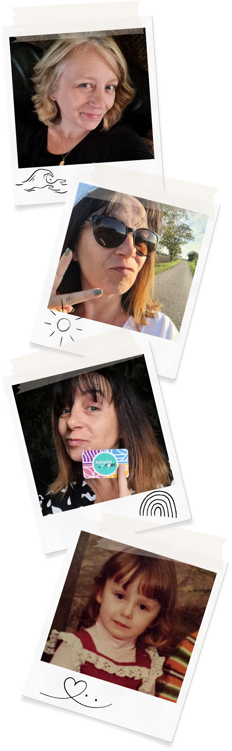 Catherine Mugot à différents âges, de l'enfance à aujourd'hui, en photos façon polaroid