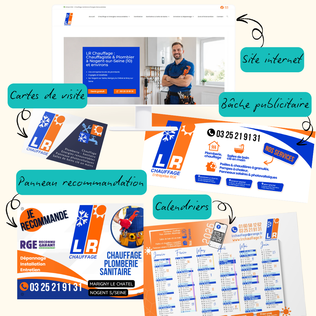 Projet LR Chauffage : site internet, cartes de visite, bâche publicitaire, panneau de recommandation et calendriers