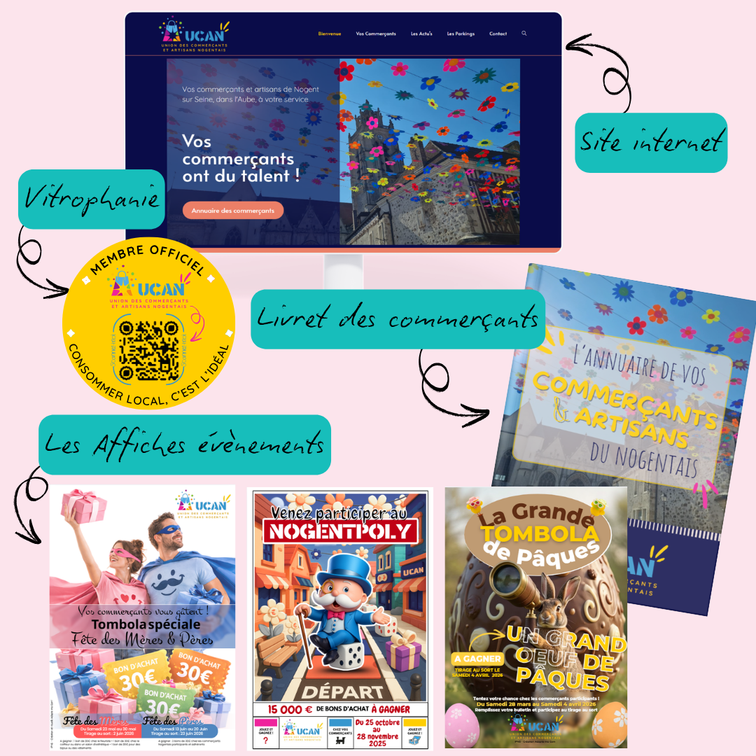 Projet UCAN : identité visuelle, site internet, vitrophanie, affiches d'événements et livret des commerçants